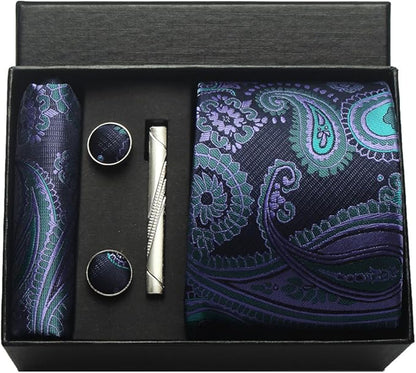 Elegant Floral Tie Set for Men with Matching Pocket Square, Cufflinks, and Tie Clip – Formal Wedding & Business Suit Accessories Gift Set