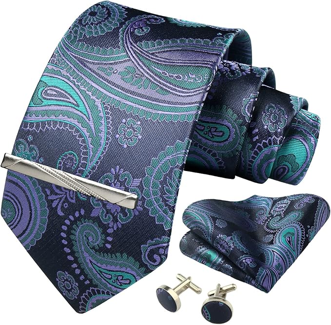 Elegant Floral Tie Set for Men with Matching Pocket Square, Cufflinks, and Tie Clip – Formal Wedding & Business Suit Accessories Gift Set