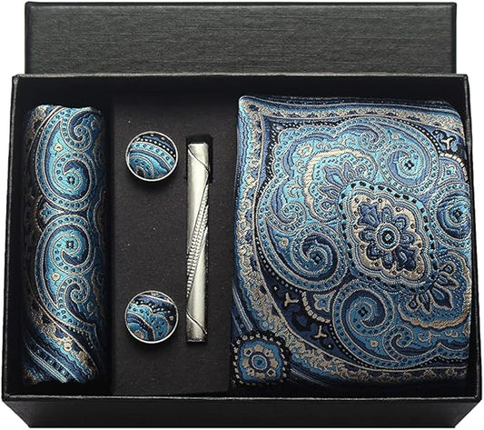 Blue Floral Tie Set for Men with Matching Pocket Square, Cufflinks, and Tie Clip – Formal Wedding & Business Suit Accessories Gift Set